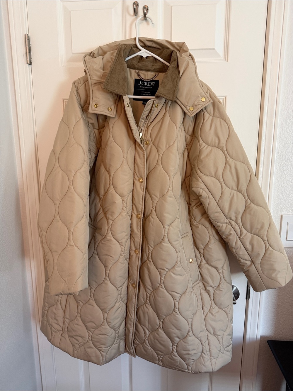 J. Crew Beige Quilted Puffer Coat with High Collar